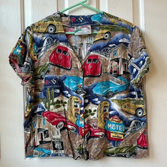 Paradise Found Honolulu Hawaii Corvette Car US Route 66 Sunset Motel Top Vtg L - Picture 1 of 8